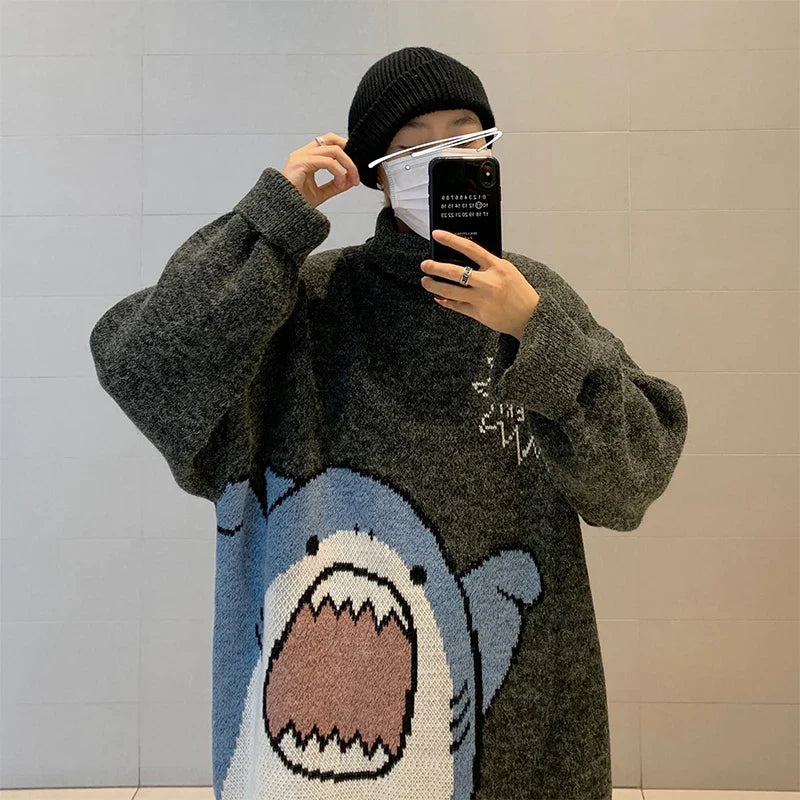Shark Patchwork Turtleneck - Men’s Oversized Sweater Korean Style - Sweaters - Shirts & Tops - 2 - 2024