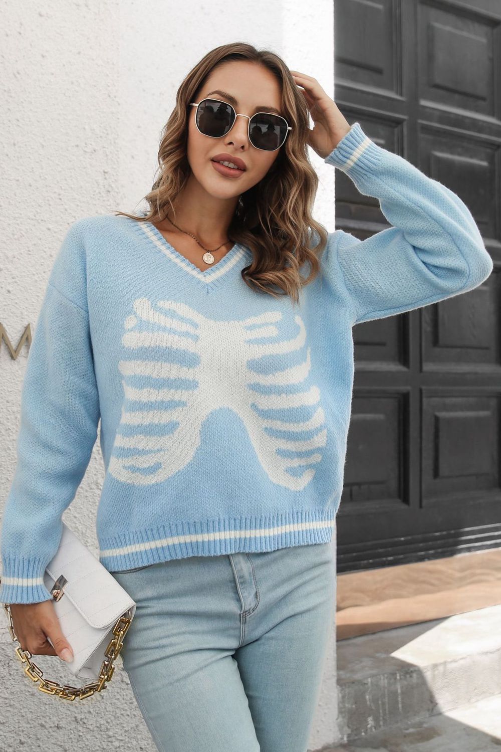Skeleton Pattern V-Neck Long Sleeve Pullover Sweater - Blue / S - Sweaters - Shirts & Tops - 5 - 2024