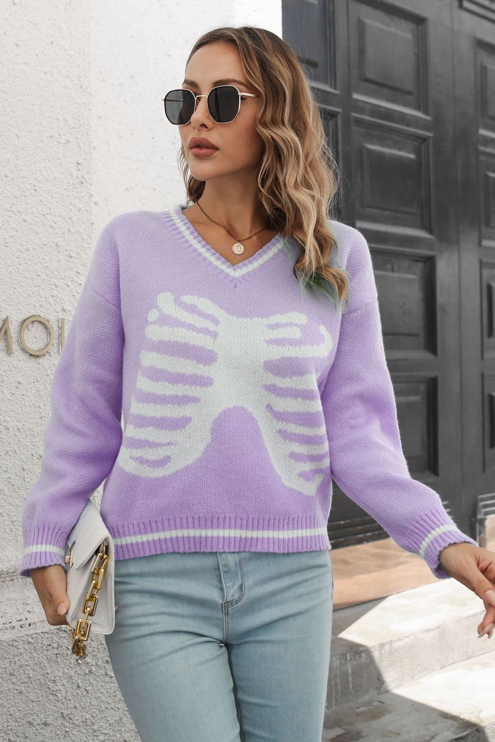 Skeleton Pattern V-Neck Long Sleeve Pullover Sweater - Sweaters - Shirts & Tops - 3 - 2024