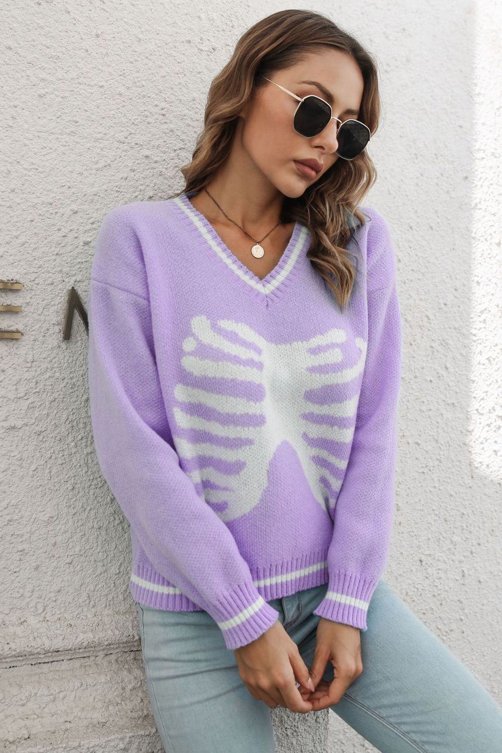 Skeleton Pattern V-Neck Long Sleeve Pullover Sweater - Sweaters - Shirts & Tops - 4 - 2024