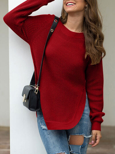 Slit Round Neck Long Sleeve Sweater - Sweaters - Shirts & Tops - 13 - 2024