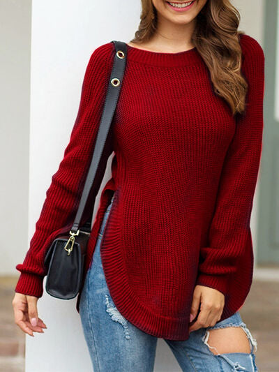 Slit Round Neck Long Sleeve Sweater - Deep Red / S - Sweaters - Shirts & Tops - 11 - 2024
