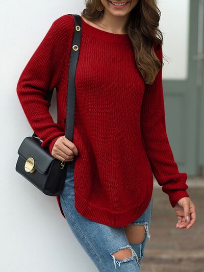 Slit Round Neck Long Sleeve Sweater - Sweaters - Shirts & Tops - 12 - 2024