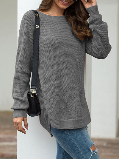 Slit Round Neck Long Sleeve Sweater - Sweaters - Shirts & Tops - 32 - 2024