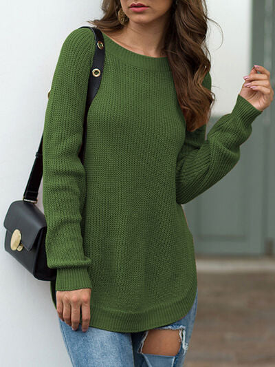 Slit Round Neck Long Sleeve Sweater - Sweaters - Shirts & Tops - 28 - 2024