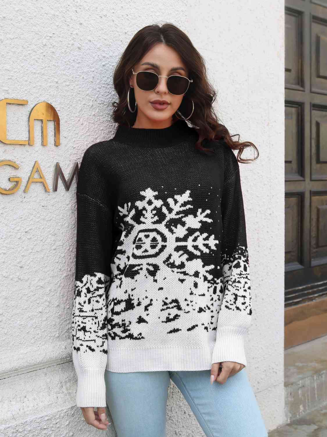 Snowflake Pattern Mock Neck Sweater - Sweaters - Shirts & Tops - 5 - 2024