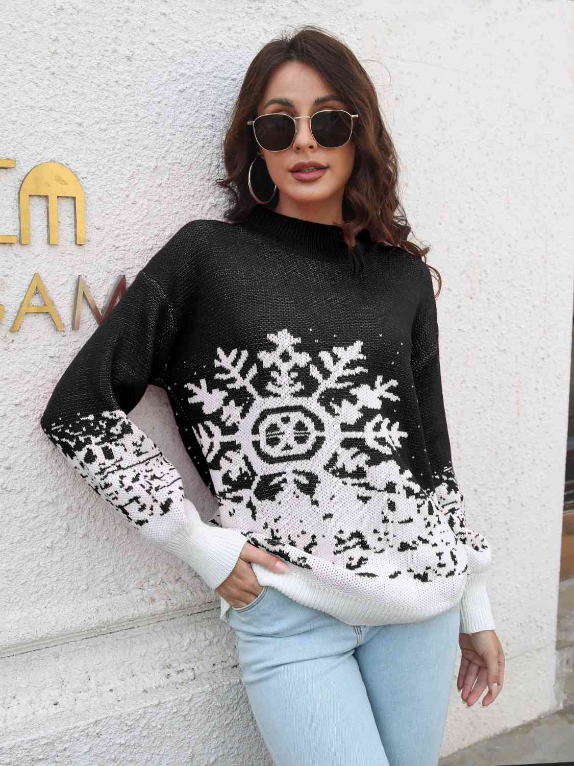 Snowflake Pattern Mock Neck Sweater - Black / S - Sweaters - Shirts & Tops - 4 - 2024