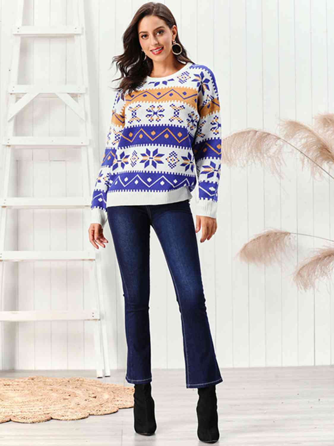 Snowflake Pattern Round Neck Sweater - Sweaters - Shirts & Tops - 3 - 2024