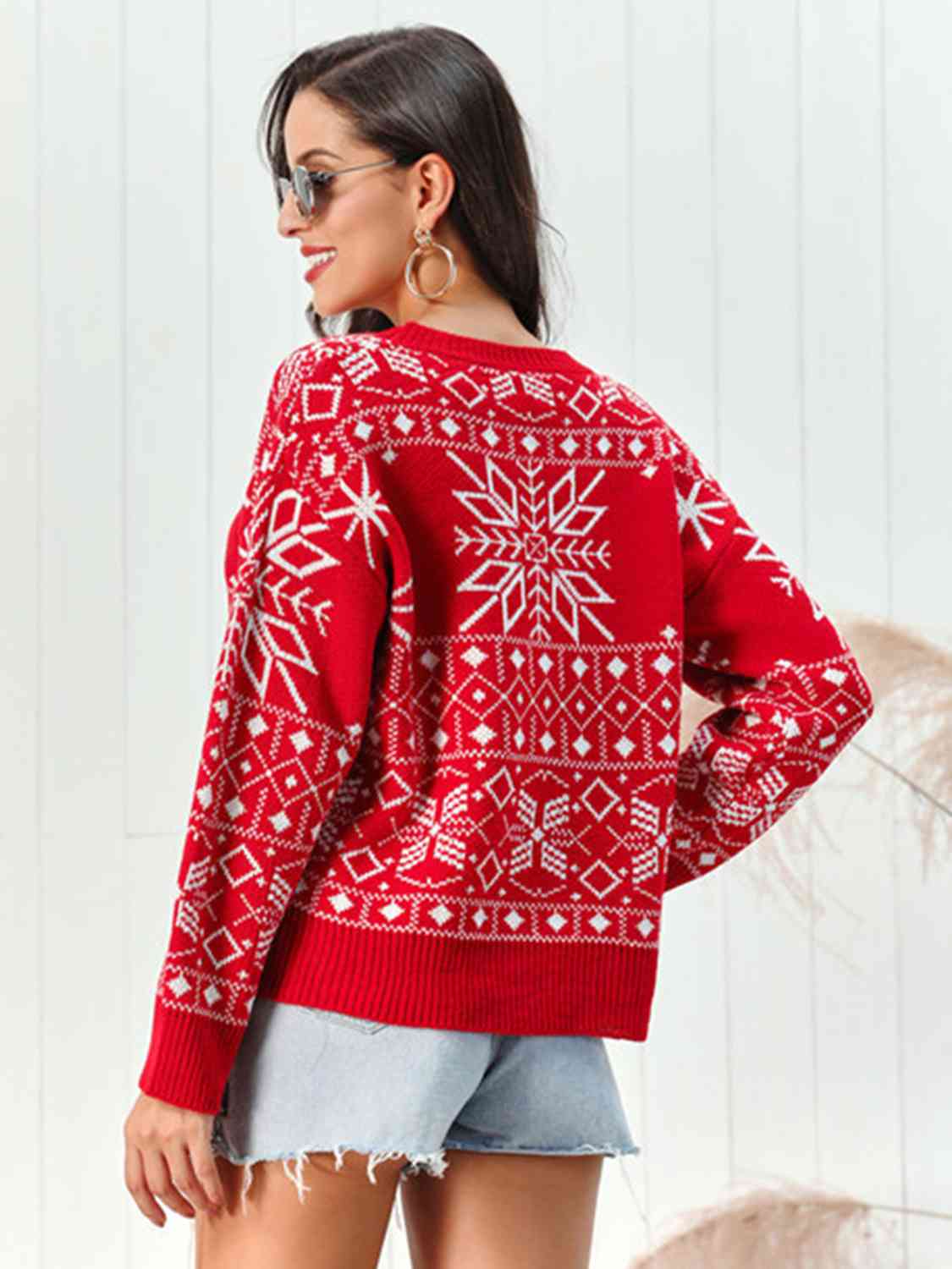 Snowflake Pattern Round Neck Sweater - Sweaters - Shirts & Tops - 2 - 2024