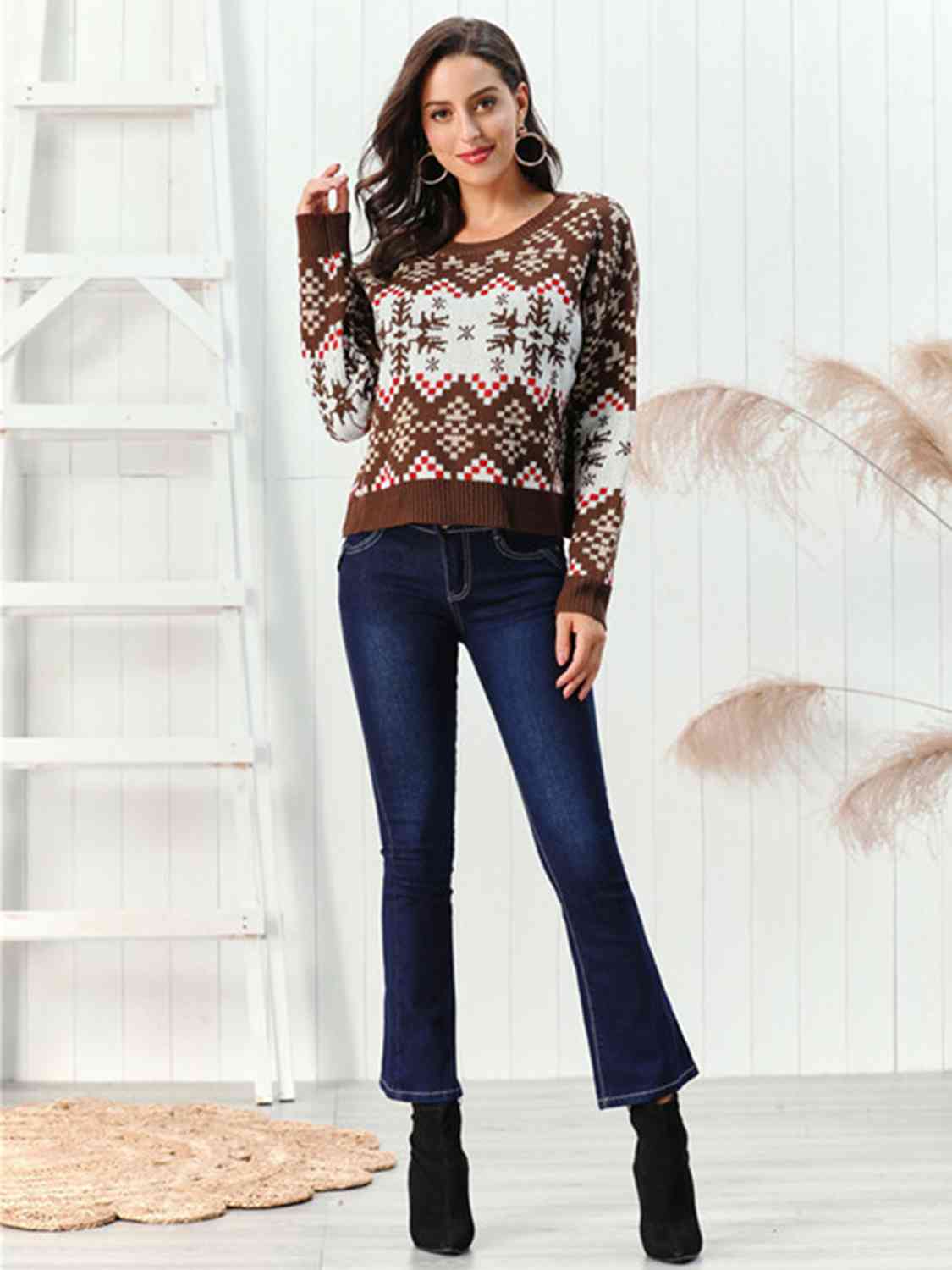 Snowflake Pattern Round Neck Sweater - Sweaters - Shirts & Tops - 4 - 2024