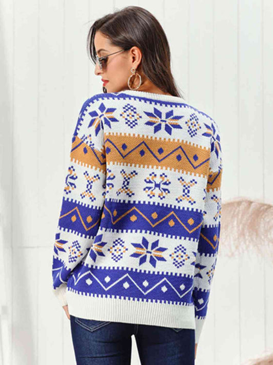 Snowflake Pattern Round Neck Sweater - Sweaters - Shirts & Tops - 2 - 2024