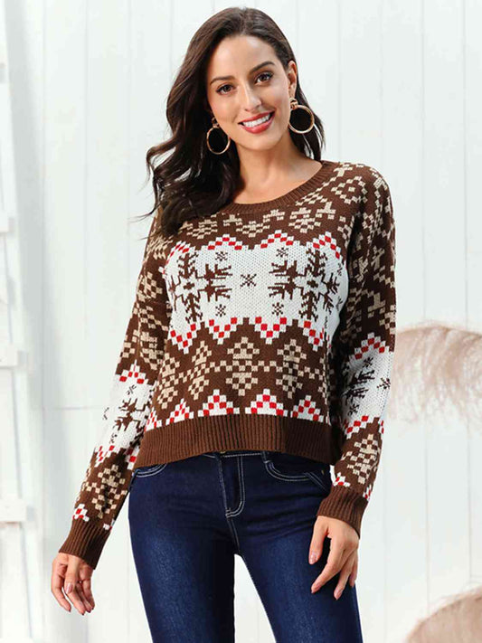 Snowflake Pattern Round Neck Sweater - Chestnut / S - Sweaters - Shirts & Tops - 1 - 2024