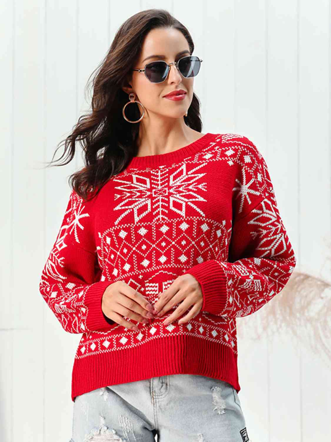 Snowflake Pattern Round Neck Sweater - Sweaters - Shirts & Tops - 3 - 2024