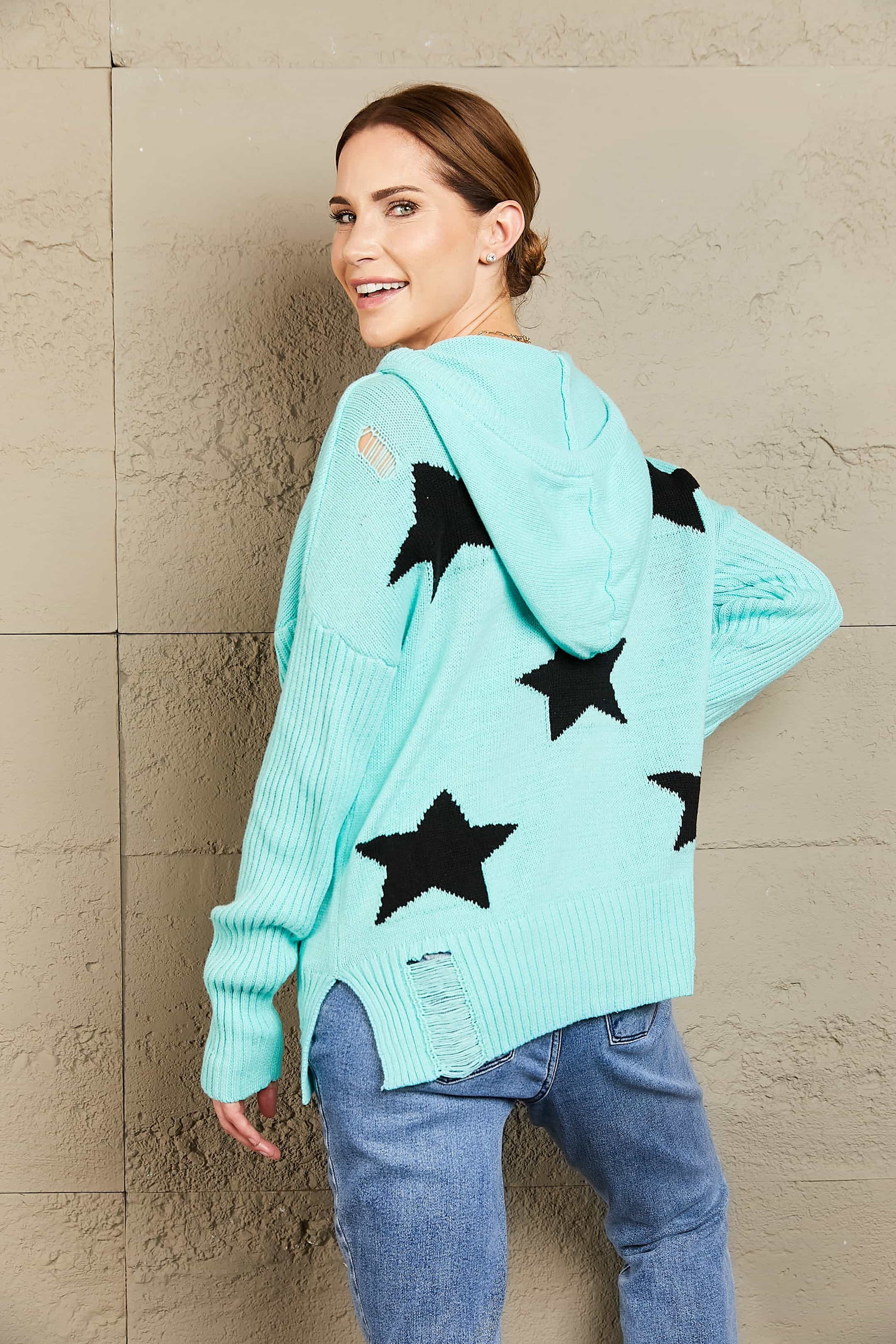 Star Distressed Slit Hooded Sweater - Sweaters - Shirts & Tops - 2 - 2024