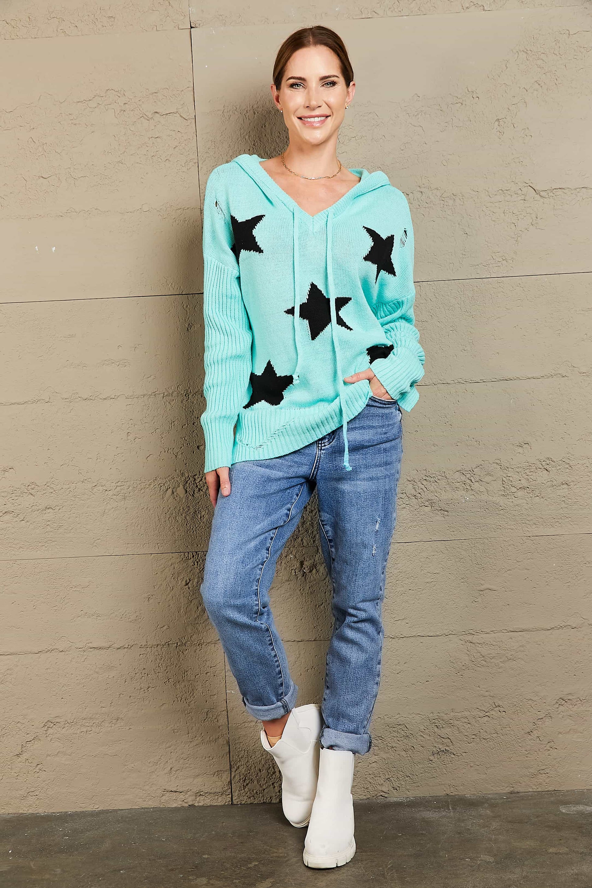 Star Distressed Slit Hooded Sweater - Sweaters - Shirts & Tops - 4 - 2024
