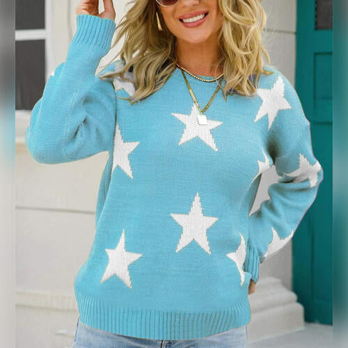 Star Pattern Round Neck Sweater - Sweaters - Shirts & Tops - 17 - 2024