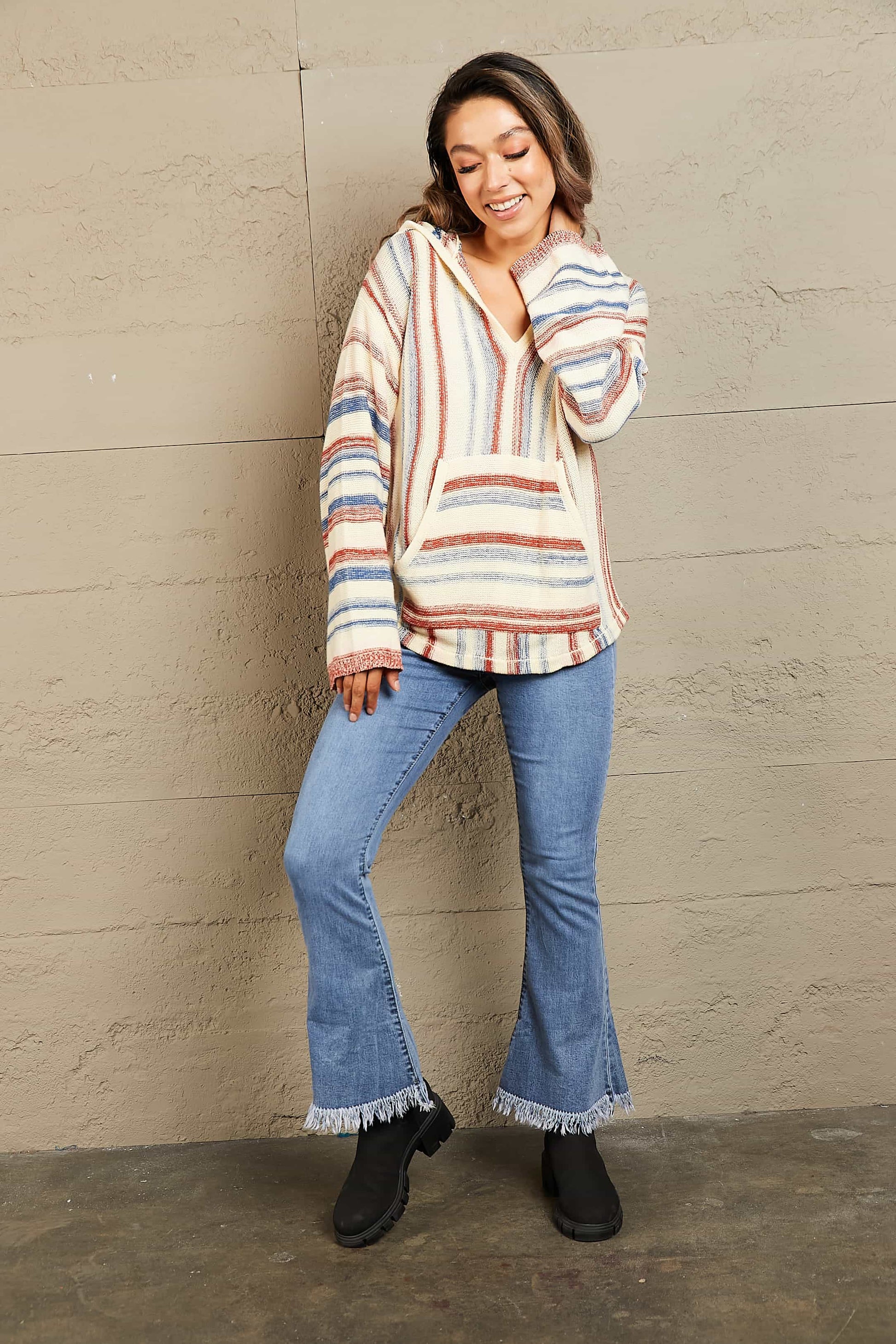 Striped Hooded Sweater with Kangaroo Pocket - Sweaters - Shirts & Tops - 5 - 2024
