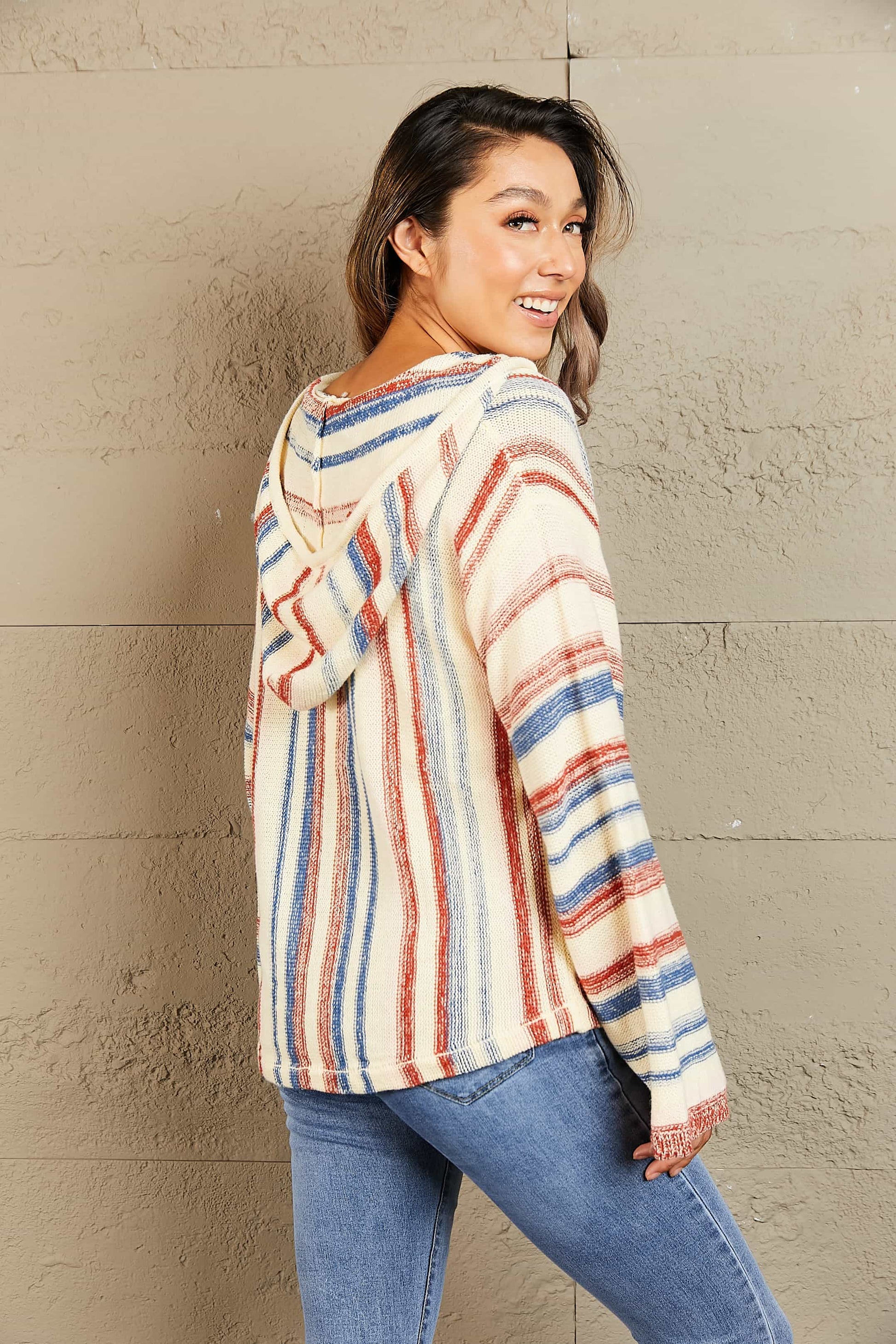 Striped Hooded Sweater with Kangaroo Pocket - Sweaters - Shirts & Tops - 2 - 2024