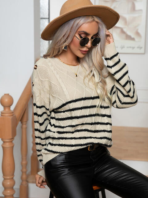 Striped Round Neck Cable-Knit Sweater - Sweaters - Shirts & Tops - 4 - 2024