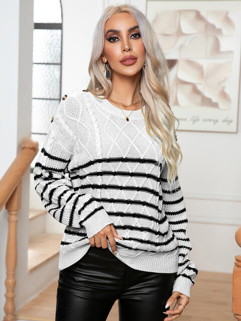 Striped Round Neck Cable-Knit Sweater - White / S - Sweaters - Shirts & Tops - 5 - 2024