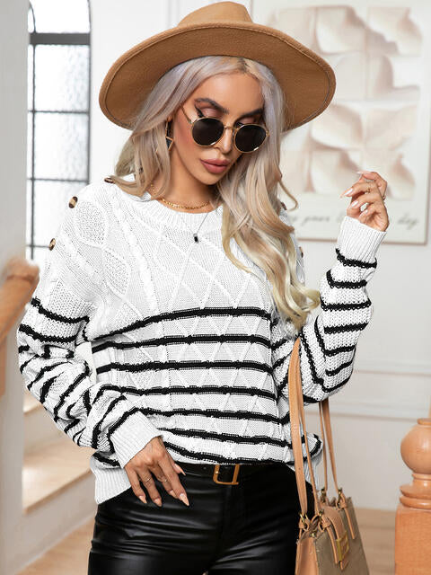 Striped Round Neck Cable-Knit Sweater - Sweaters - Shirts & Tops - 6 - 2024