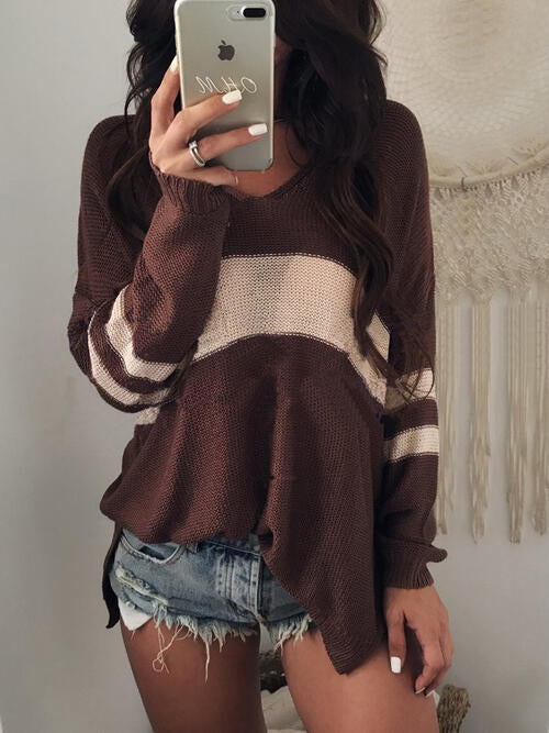 Striped V-Neck Long Sleeve Sweater - Chocolate / S - Sweaters - Shirts & Tops - 7 - 2024