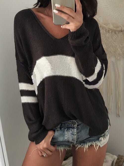 Striped V-Neck Long Sleeve Sweater - Black / S - Sweaters - Shirts & Tops - 1 - 2024