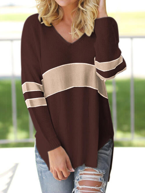 Striped V-Neck Long Sleeve Sweater - Sweaters - Shirts & Tops - 8 - 2024