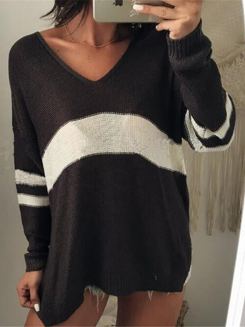 Striped V-Neck Long Sleeve Sweater - Sweaters - Shirts & Tops - 2 - 2024