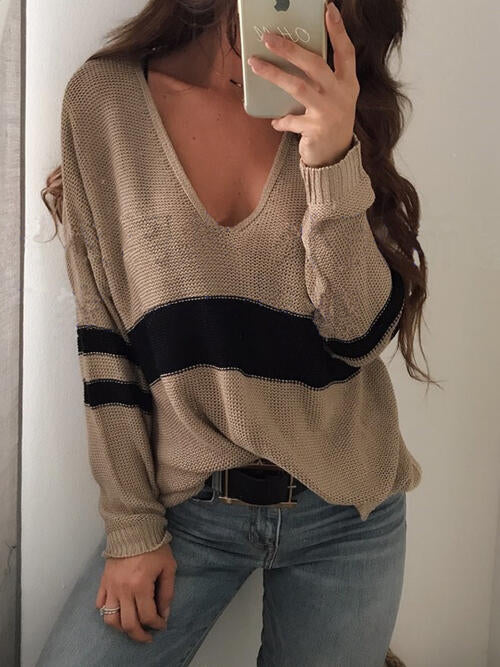 Striped V-Neck Long Sleeve Sweater - Camel / S - Sweaters - Shirts & Tops - 4 - 2024