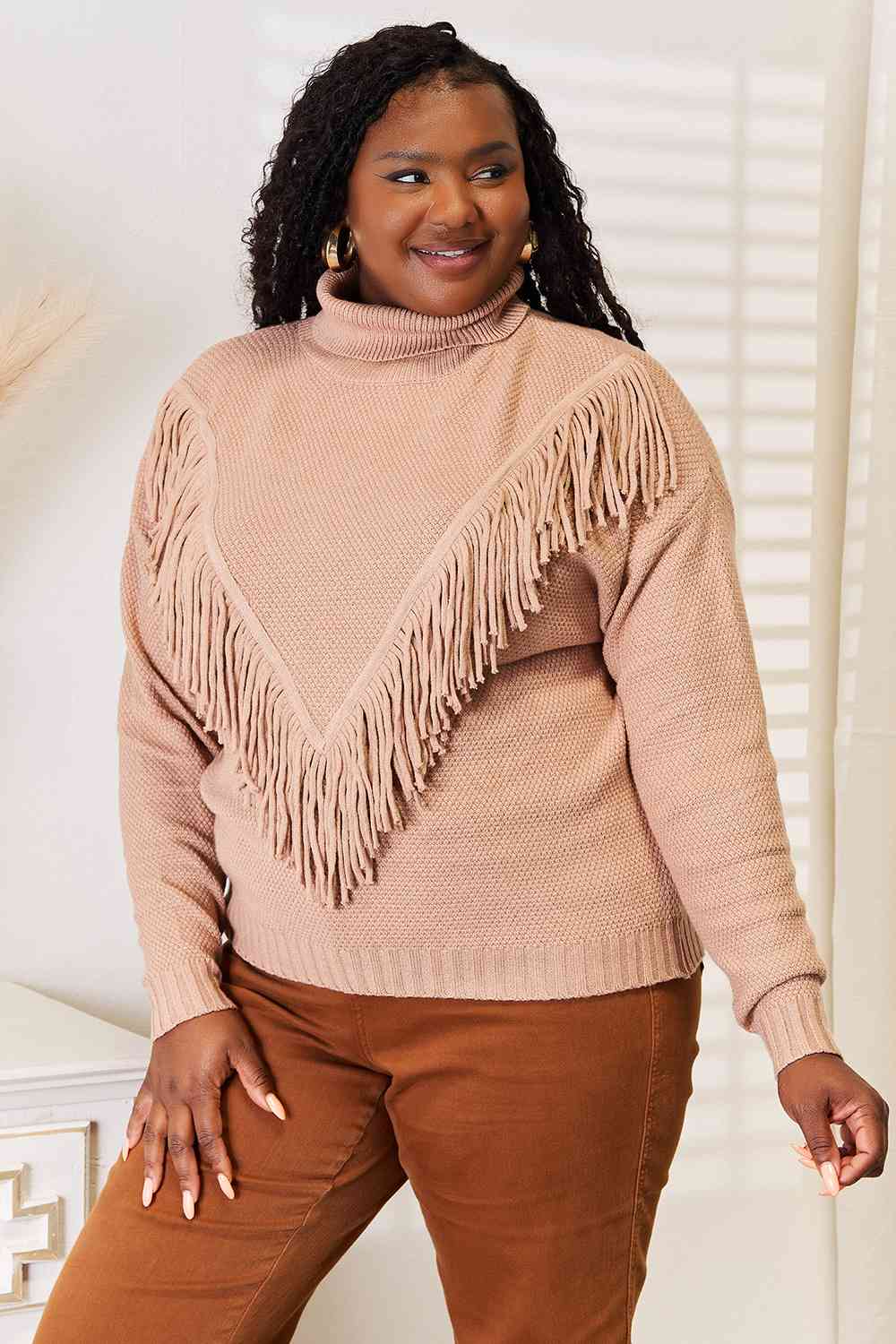 Turtleneck Fringe Front Long Sleeve Sweater - Sweaters - Shirts & Tops - 6 - 2024