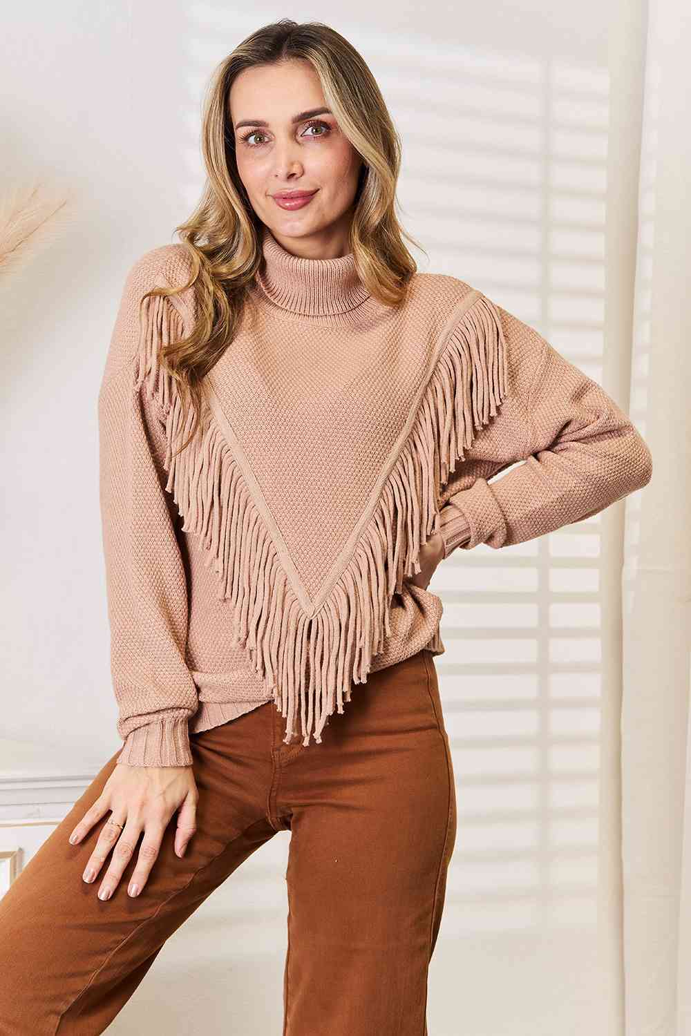 Turtleneck Fringe Front Long Sleeve Sweater - Camel / S - Sweaters - Shirts & Tops - 1 - 2024
