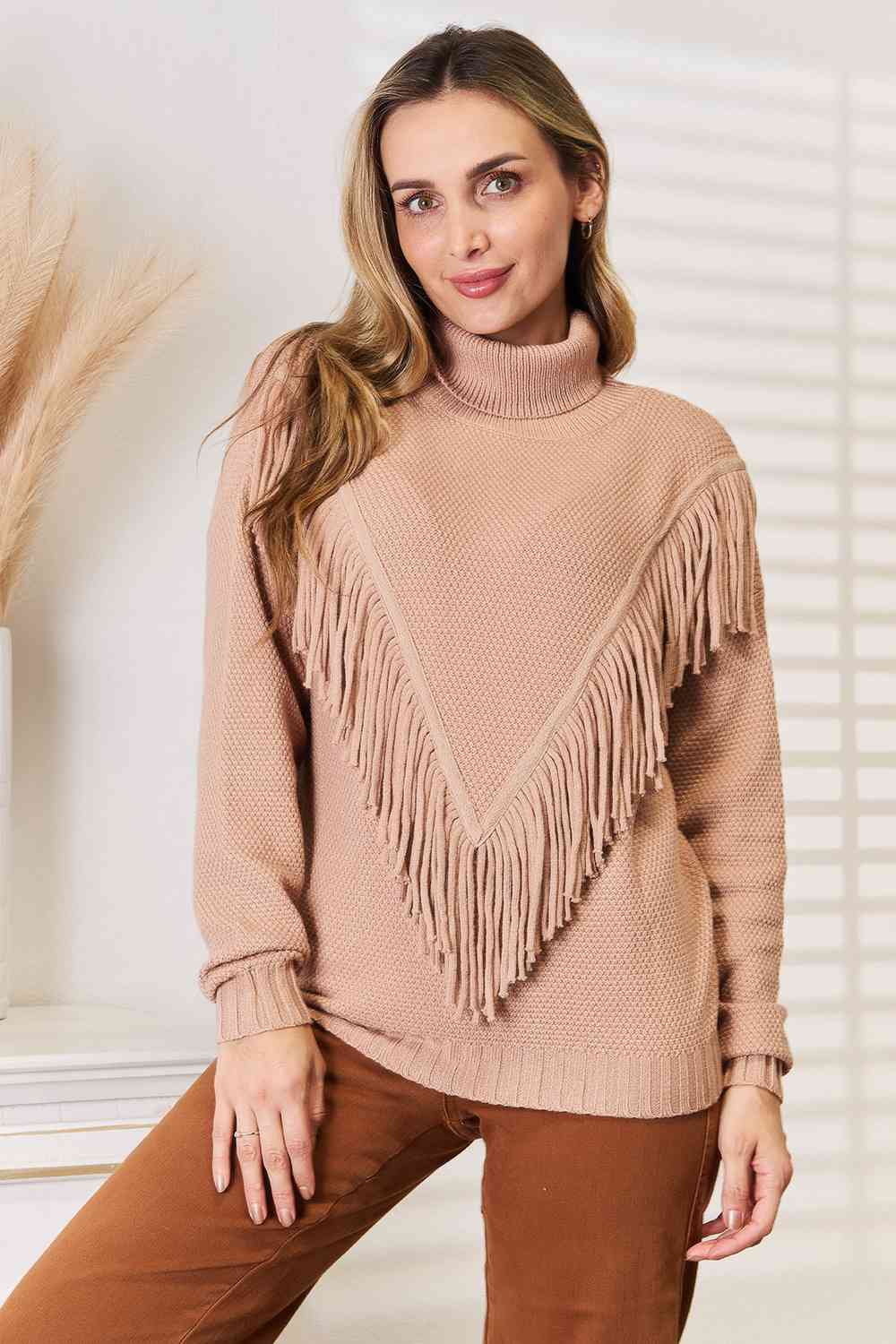 Turtleneck Fringe Front Long Sleeve Sweater - Sweaters - Shirts & Tops - 3 - 2024