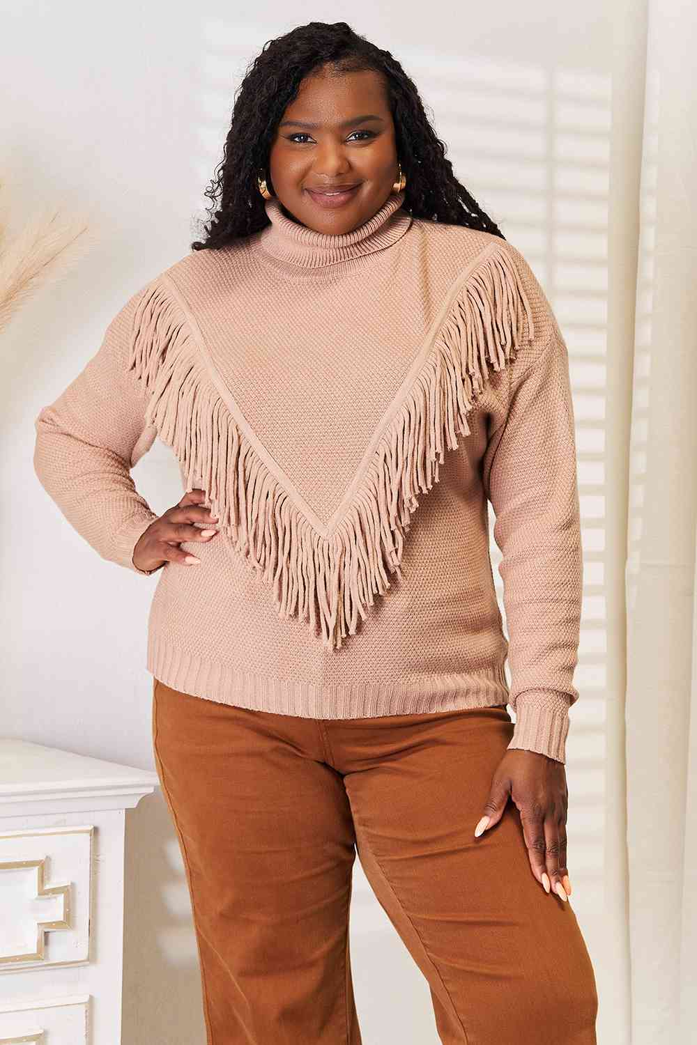 Turtleneck Fringe Front Long Sleeve Sweater - Sweaters - Shirts & Tops - 5 - 2024