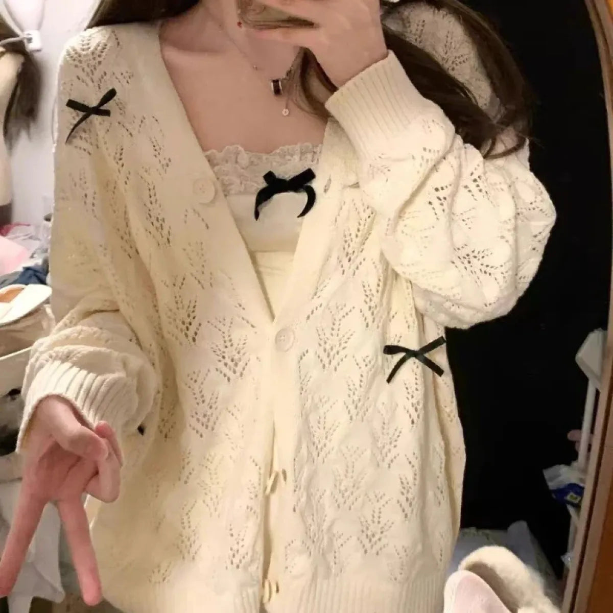 Sweet Bow Hollow Knit Cardigan - Women’s Clothing & Accessories - Cardigans - 1