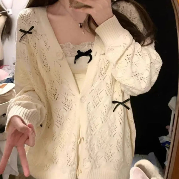 Sweet Bow Hollow Knit Cardigan - Women’s Clothing & Accessories - Cardigans - 1