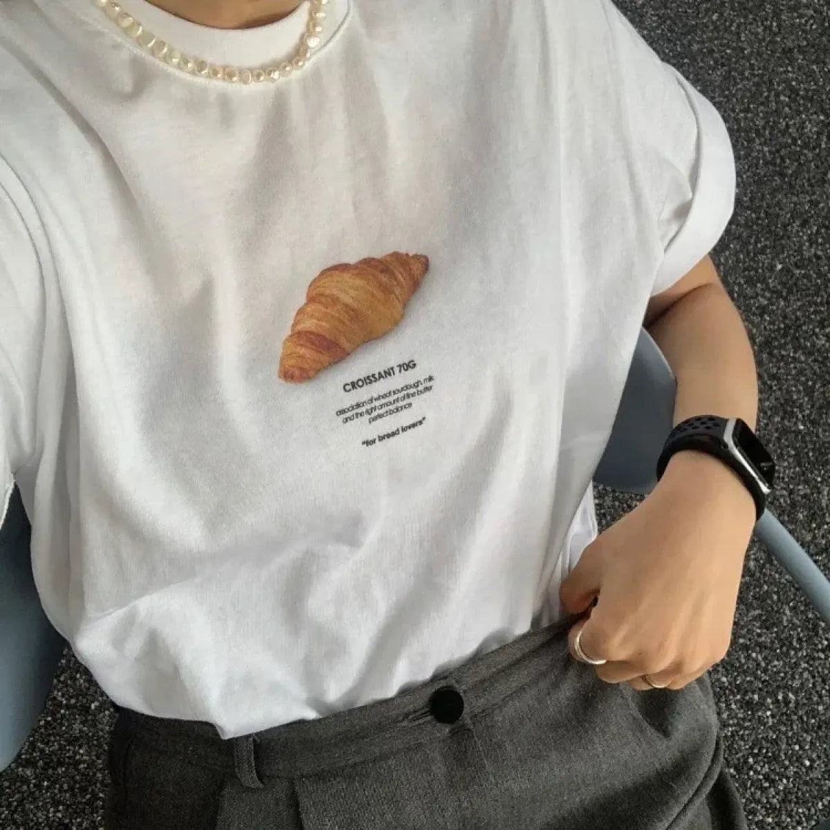 Sweet Croissant Print Loose Cotton Tee - T-Shirts - T-Shirt - 2