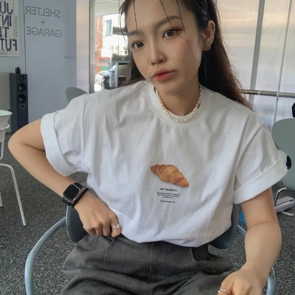 Sweet Croissant Print Loose Cotton Tee - T-Shirts - T-Shirt - 4