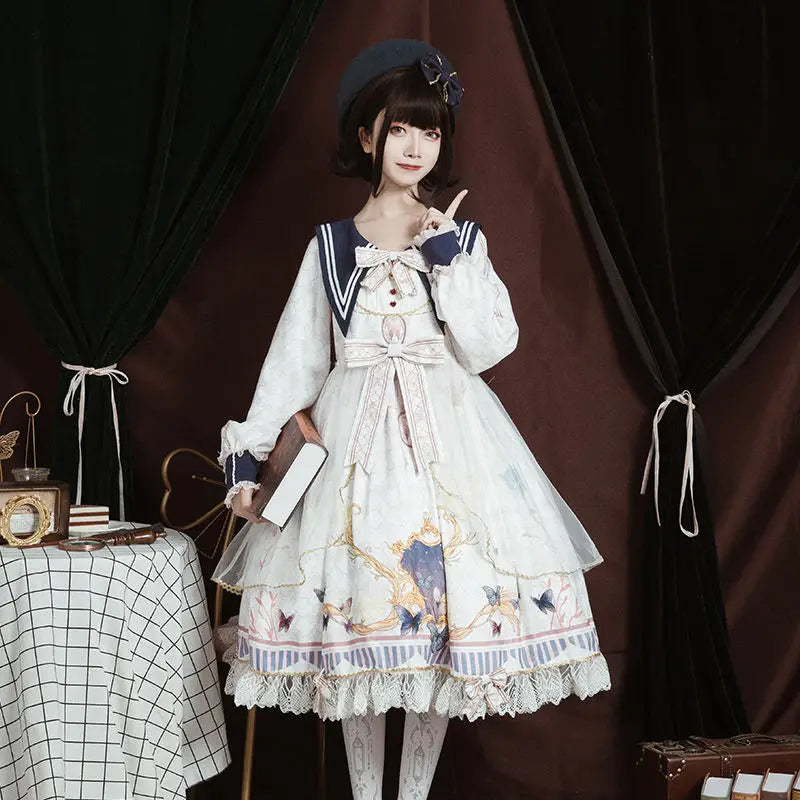 Sweet Gothic Lolita Dress - Autumn Elegance Bowknot & Lace Ruffles - White / S - All Dresses - Dresses - 8 - 2024