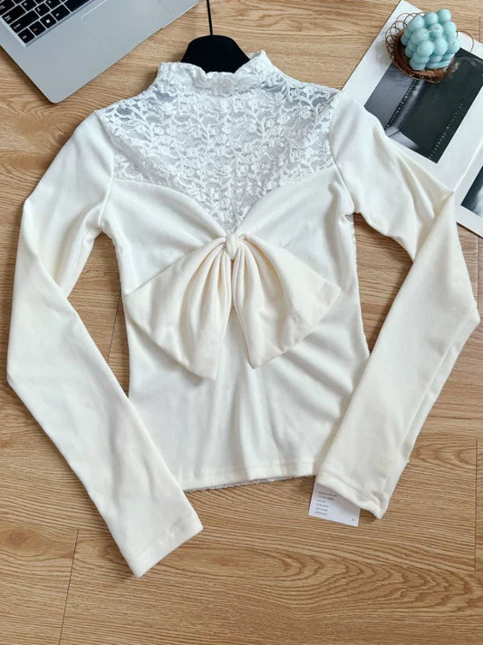 Ivory Lace Bow Top – Sweet Japanese Y2K Spring Style - Beige / XS - T-Shirts - 2025 - 3 - Worldwide Shipping