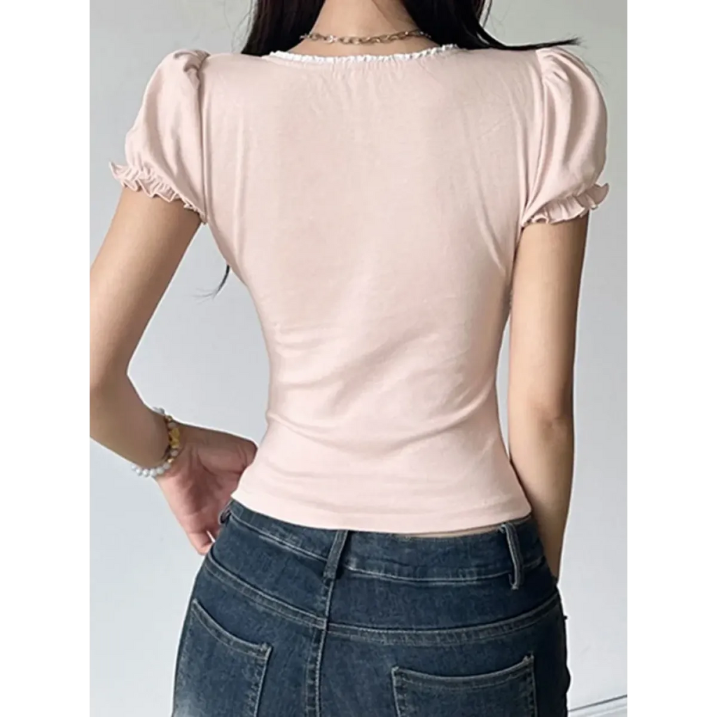 Sweet Lace Bow Puff Sleeve Top - Tops - Tops - 5