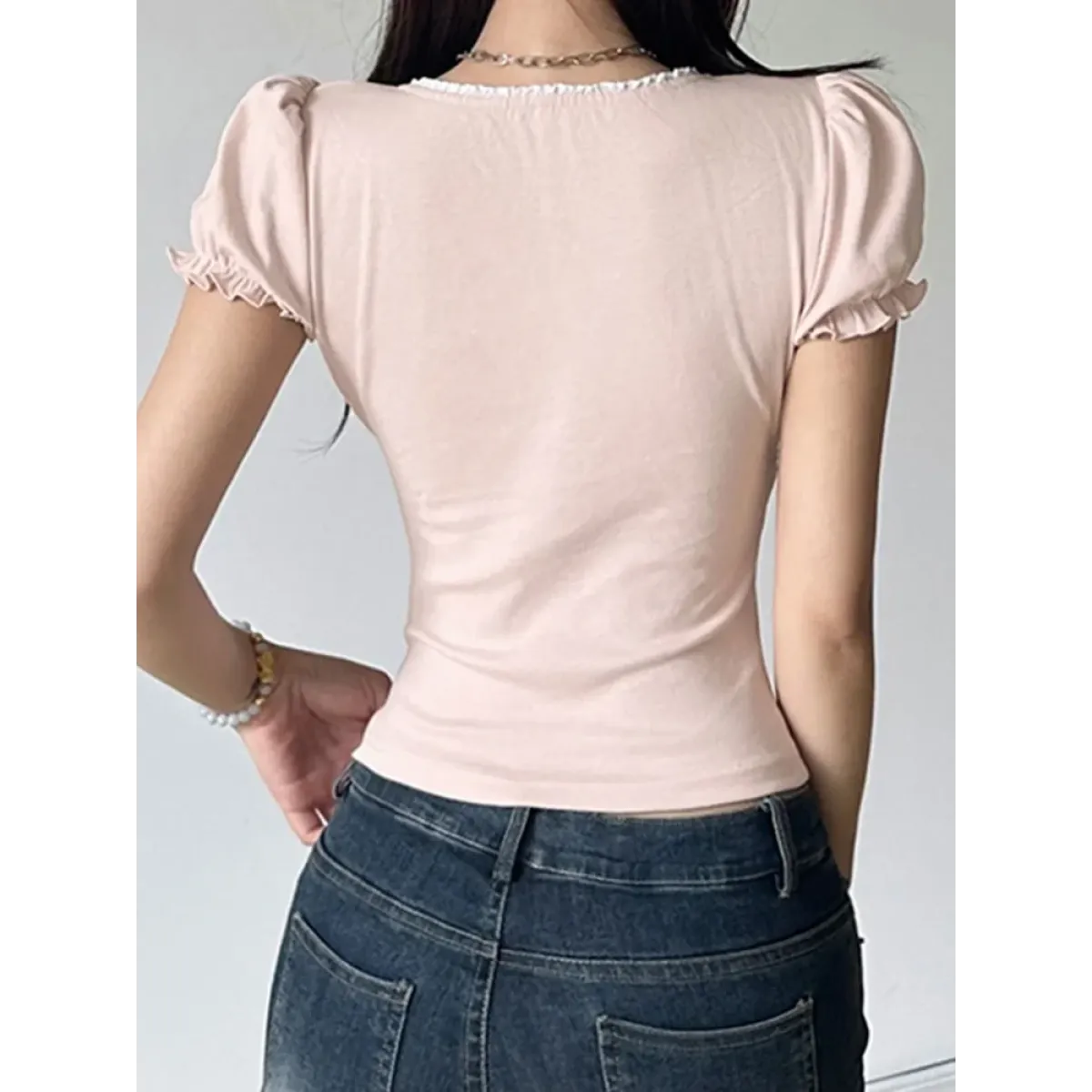 Sweet Lace Bow Puff Sleeve Top - Tops - Tops - 5