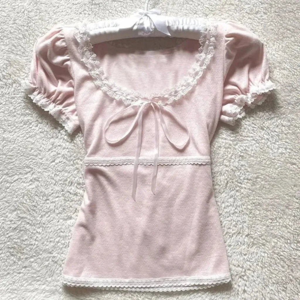 Sweet Lace Puff Sleeve T-Shirt - T-Shirts - T-Shirts - 2