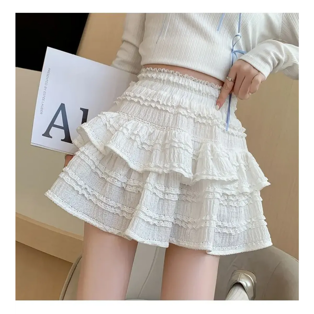 Sweet Lace Ruffle Mini Skirt – Kawaii High-Waist A-Line Style - Bottoms - Short - Skirts - 2