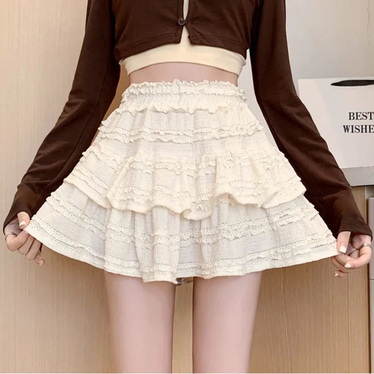 Sweet Lace Ruffle Mini Skirt – Kawaii High-Waist A-Line Style - Bottoms - Short - Skirts - 4