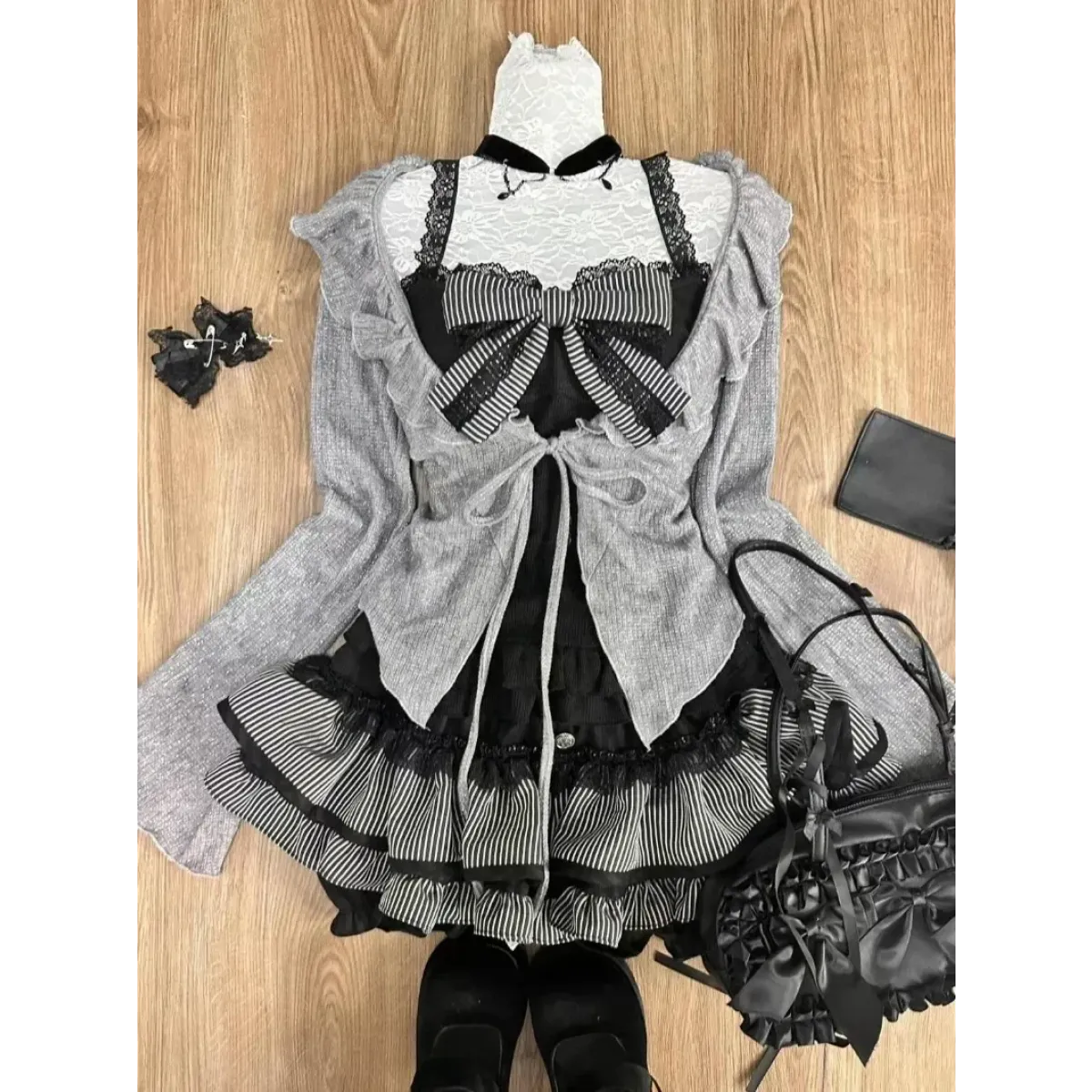 Sweet Lolita 3-Piece Set – Lace-Up Cardigan Strapless Top Skirt - Bottoms - Clothing Sets - 1