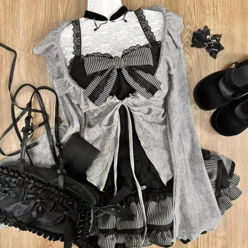 Sweet Lolita 3-Piece Set – Lace-Up Cardigan Strapless Top Skirt - Bottoms - Clothing Sets - 2
