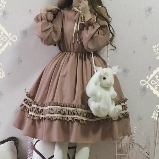 Retro Sweet Lolita Dress – Lace Trim Bowknot Vintage Style - Brown / One Size - All Dresses - Dresses - 2025 - 4