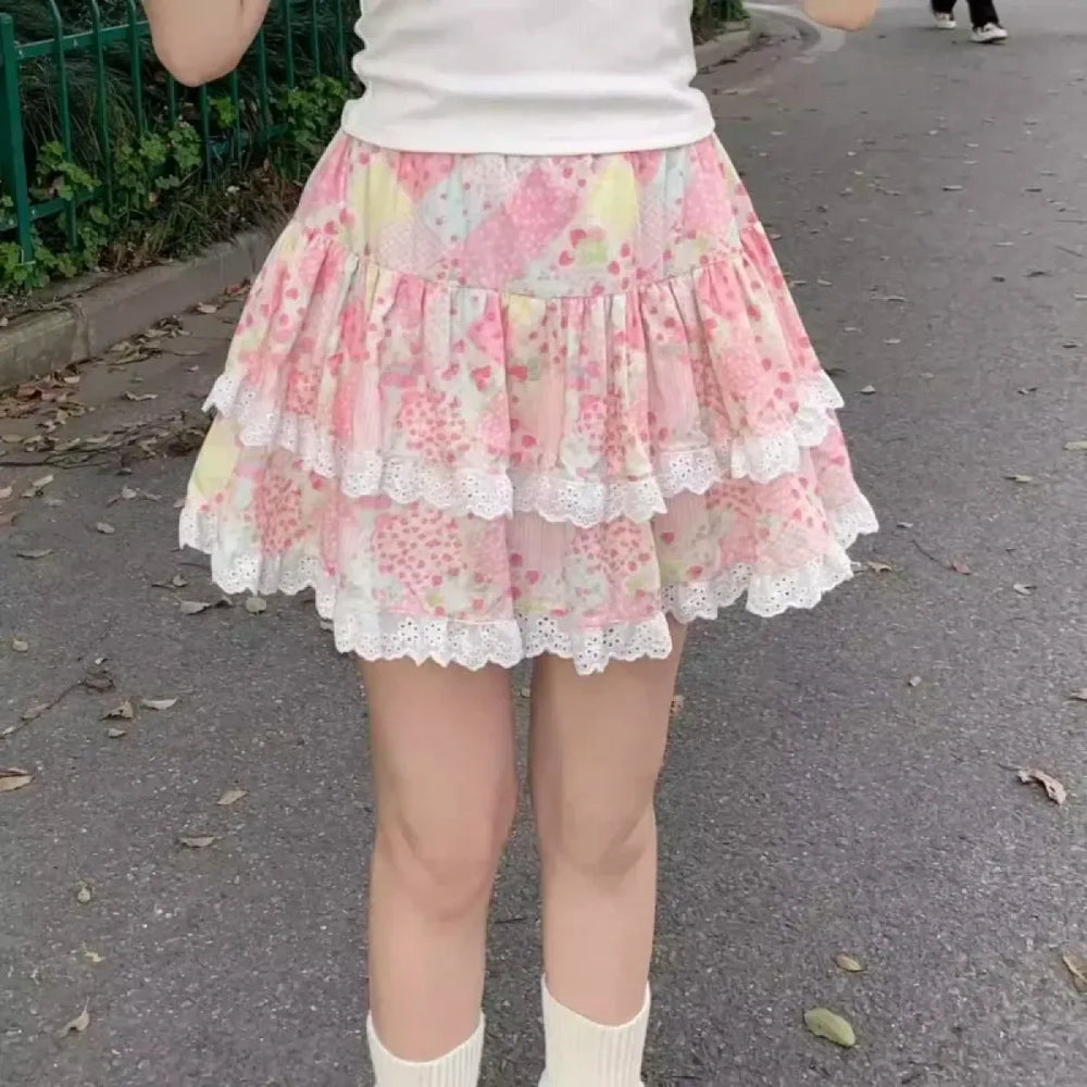 Floral Ruffle Skirt – Kawaii Sweet Lolita Layered Mini - Bottoms - Skirts - 1