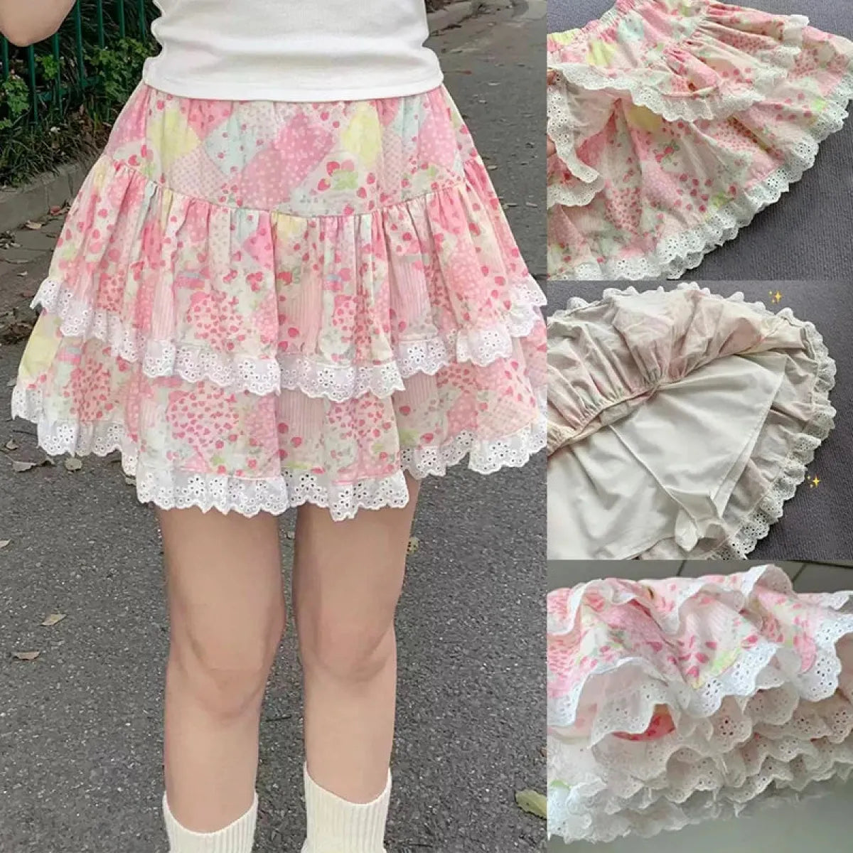 Floral Ruffle Skirt – Kawaii Sweet Lolita Layered Mini - Bottoms - Skirts - 2